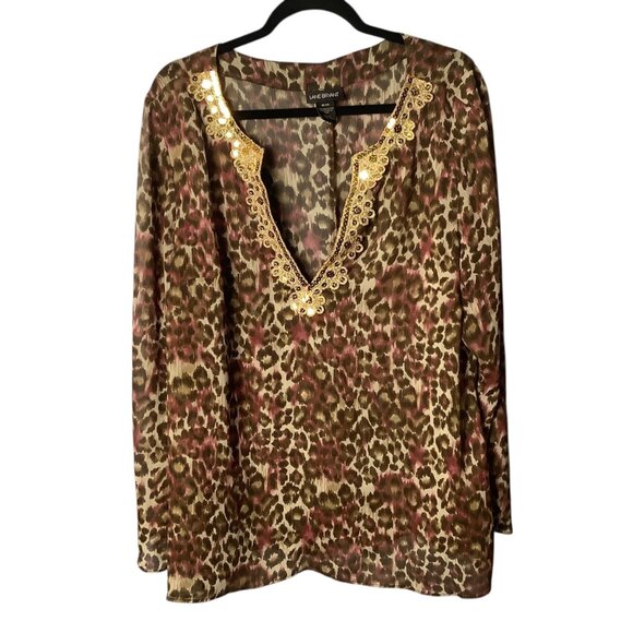 Lane Bryant 18/20 Animal Print Swim V-Neck Coverup Gold Sequin Trim Beach Pool - Picture 1 of 6